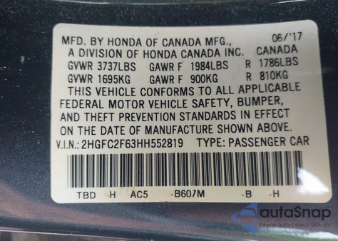 2017 Honda Civic Lx z USA, uszkodzony, nr VIN 2HGFC2F63HH552819